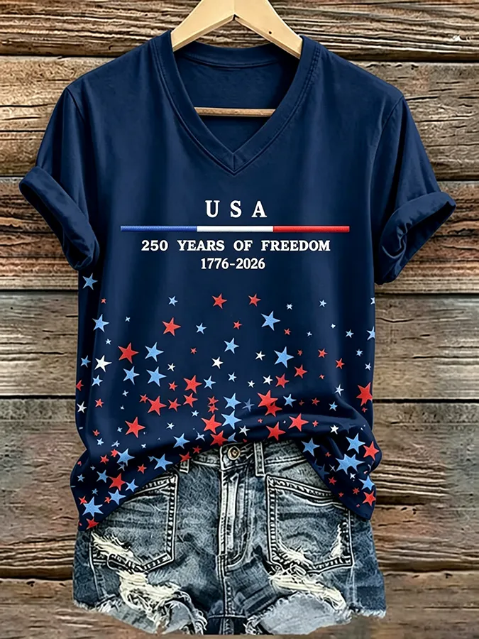 USA 250 Years of Freedom Star Print V-Neck Casual T-Shirt