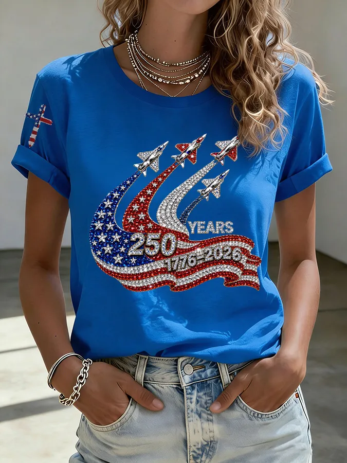 Patriotic 250 Years Flag & Jet Rhinestone Embellished Crew Neck Tee