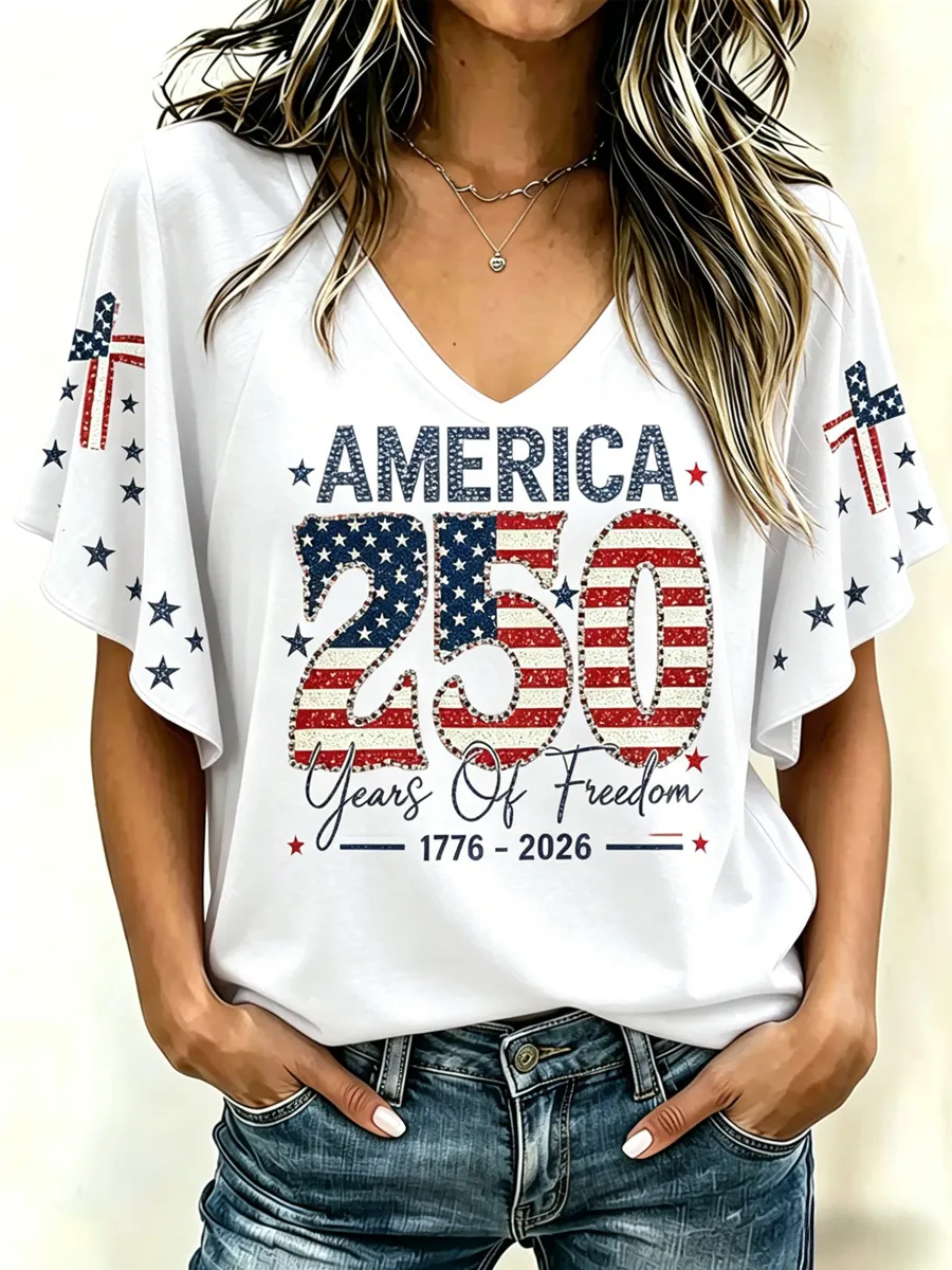 America 250 Years of Freedom Star Print V-Neck Flare Sleeve T-Shirt