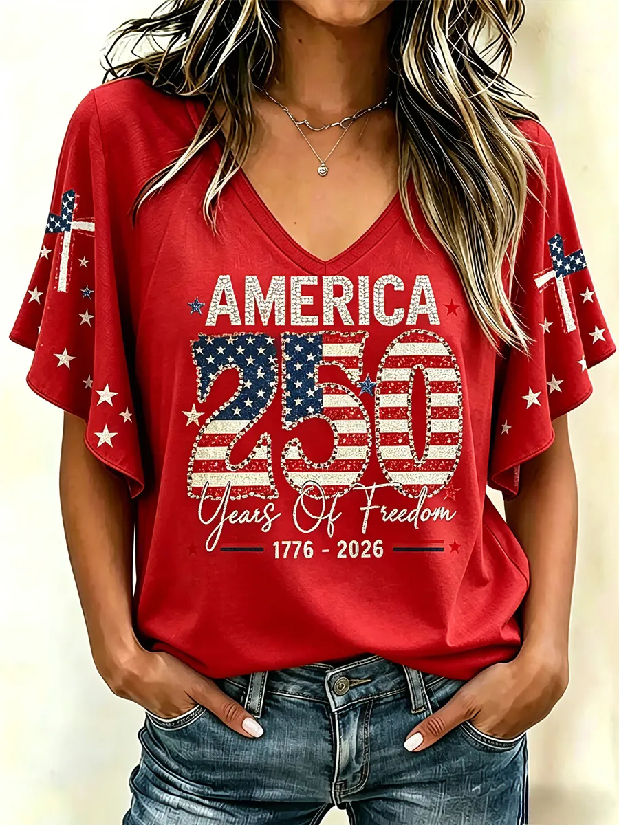 America 250 Years of Freedom Star Print V-Neck Flare Sleeve T-Shirt