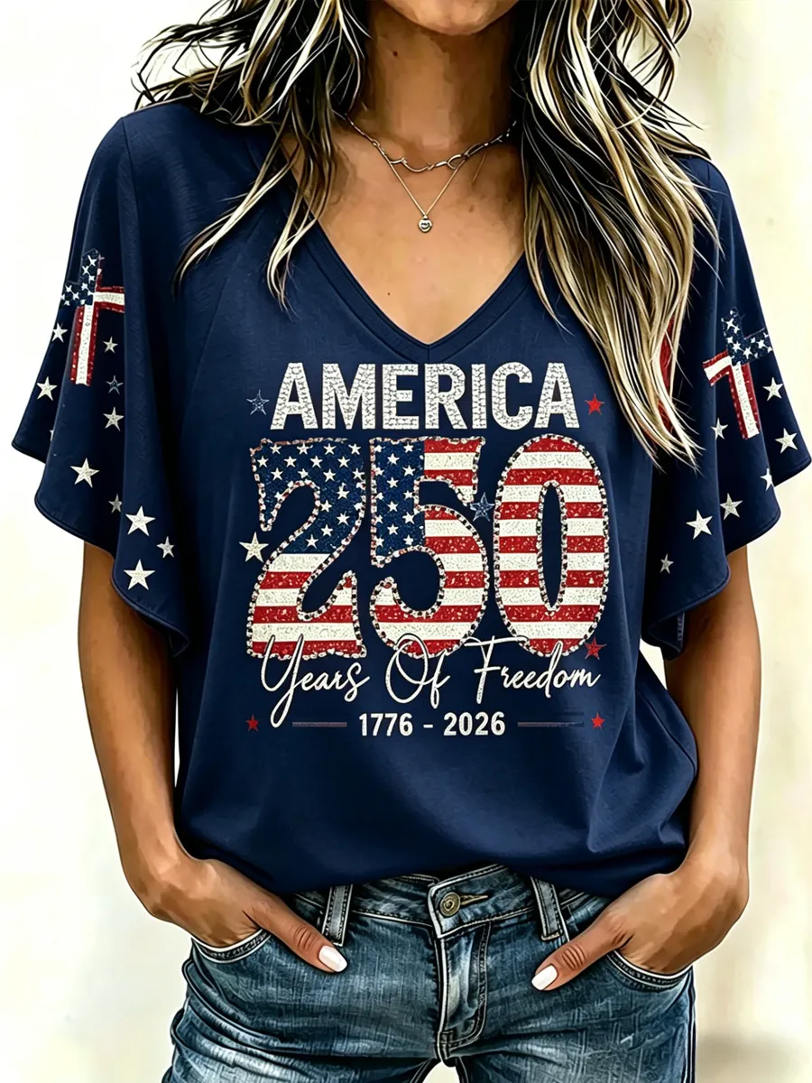 America 250 Years of Freedom Star Print V-Neck Flare Sleeve T-Shirt
