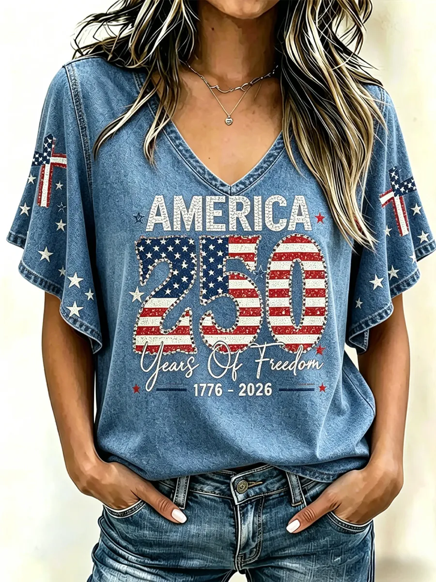 America 250 Years of Freedom Star Print V-Neck Flare Sleeve T-Shirt