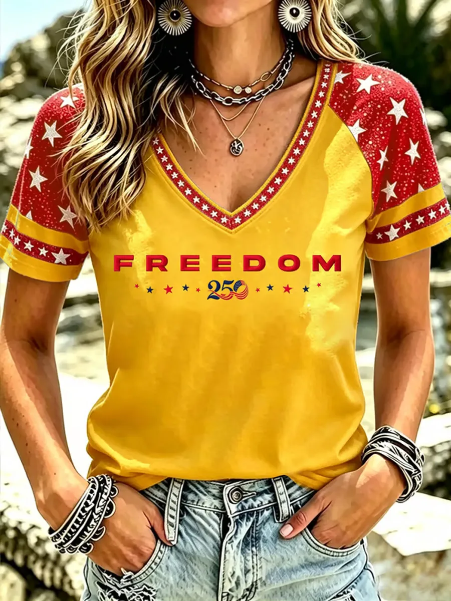 Freedom 250 Star Print Raglan V-Neck Patriotic T-Shirt