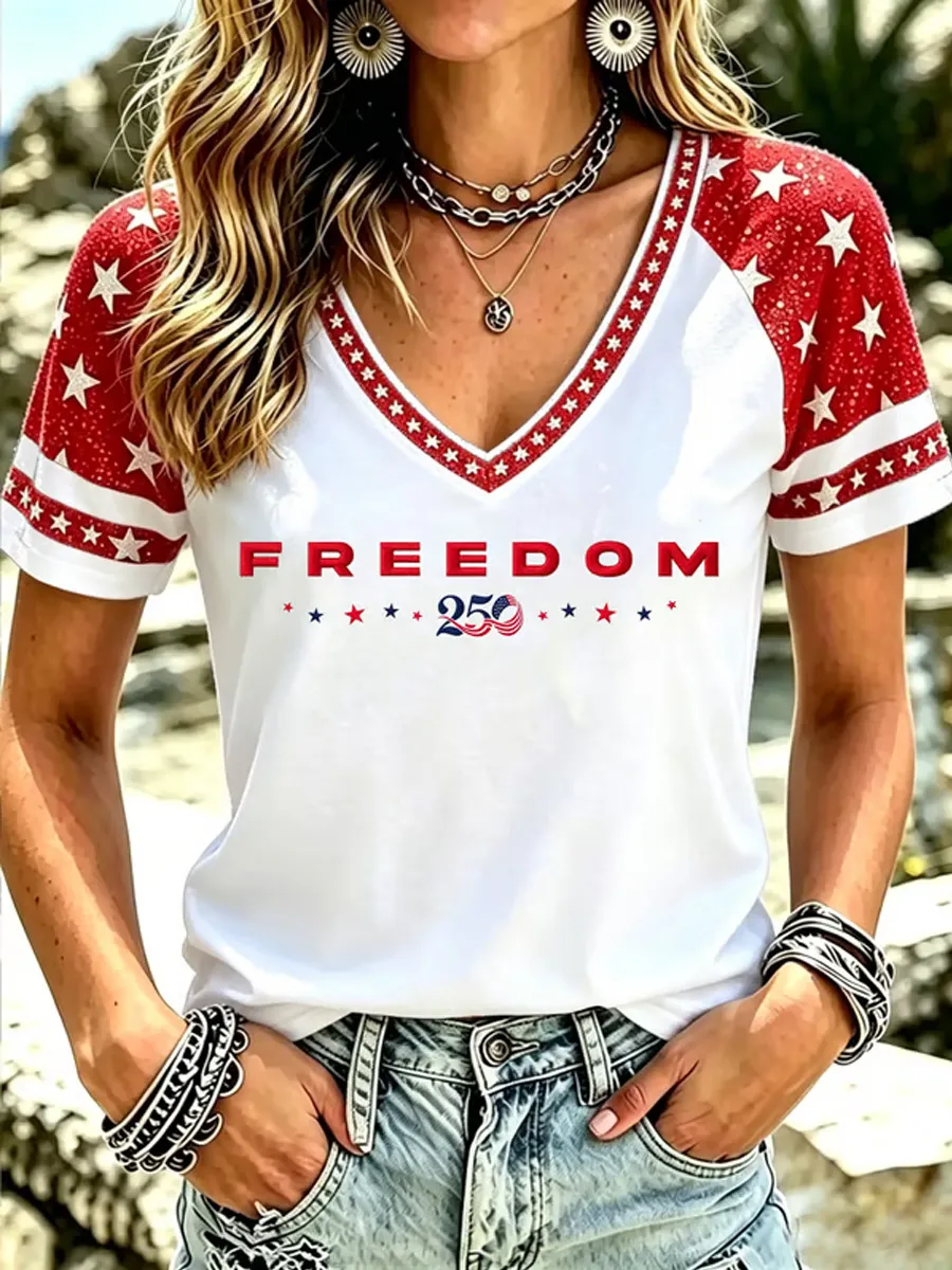 Freedom 250 Star Print Raglan V-Neck Patriotic T-Shirt