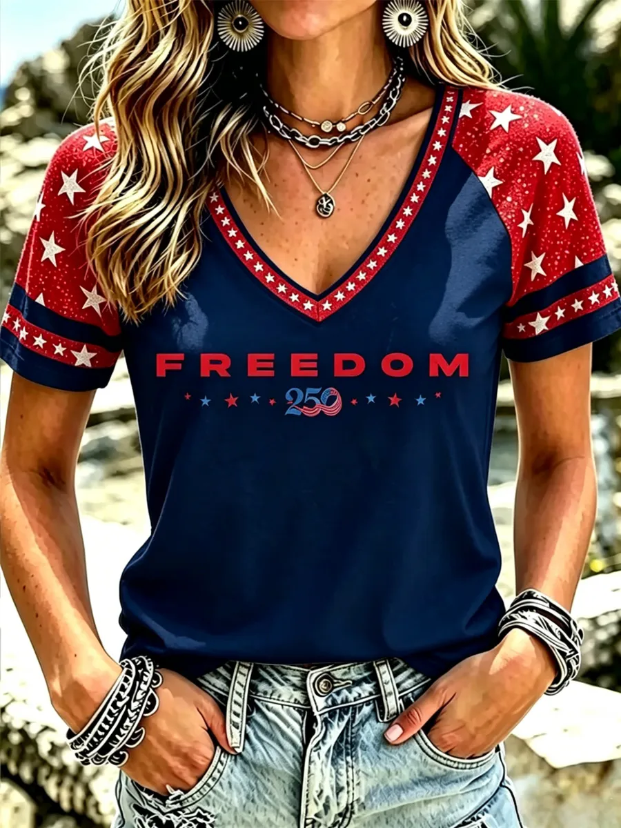 Freedom 250 Star Print Raglan V-Neck Patriotic T-Shirt