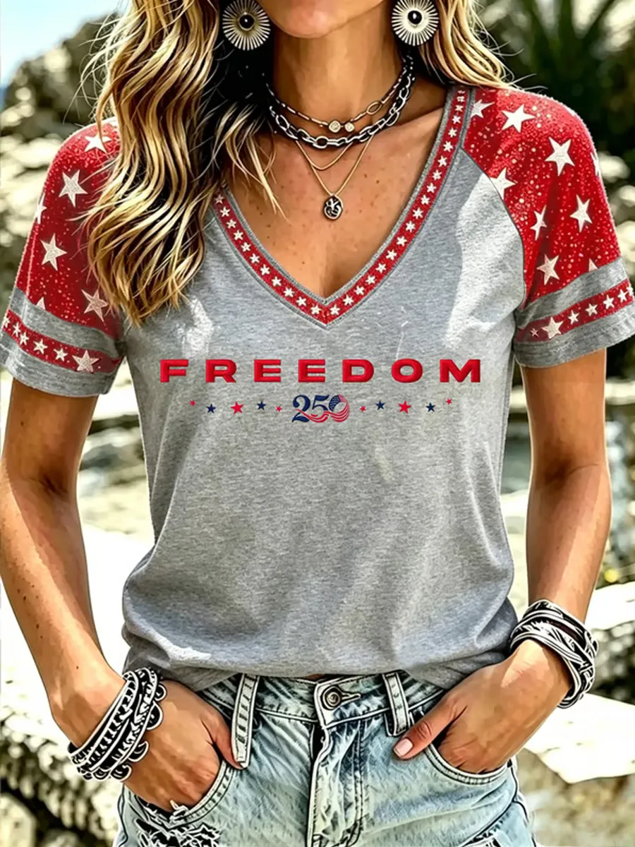 Freedom 250 Star Print Raglan V-Neck Patriotic T-Shirt