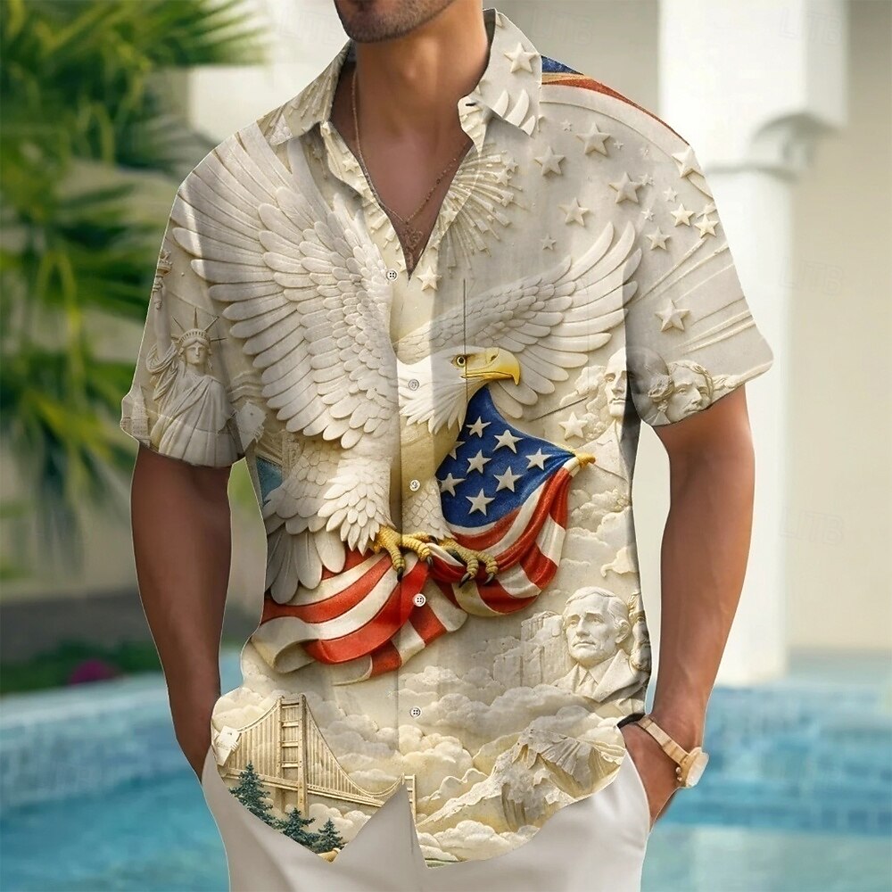 Men's Eagle Emblem American Flag-Themed Shirt — Celebrating the 250th Anniversary of the United States, Summer Short-Sleeve Button-Down Shirt