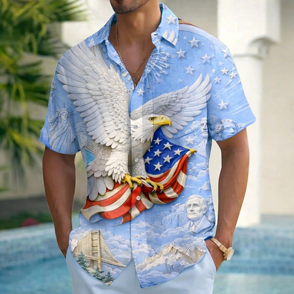 Men's Eagle Emblem American Flag-Themed Shirt — Celebrating the 250th Anniversary of the United States, Summer Short-Sleeve Button-Down Shirt
