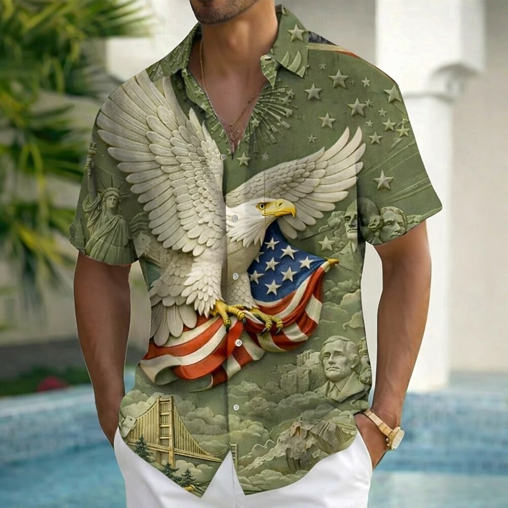 Men's Eagle Emblem American Flag-Themed Shirt — Celebrating the 250th Anniversary of the United States, Summer Short-Sleeve Button-Down Shirt
