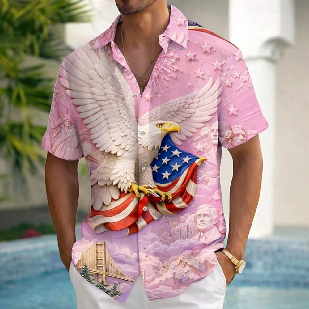 Men's Eagle Emblem American Flag-Themed Shirt — Celebrating the 250th Anniversary of the United States, Summer Short-Sleeve Button-Down Shirt