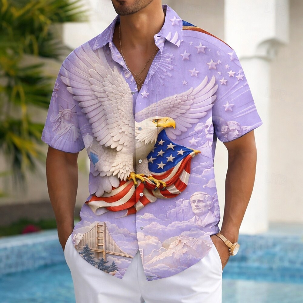 Men's Eagle Emblem American Flag-Themed Shirt — Celebrating the 250th Anniversary of the United States, Summer Short-Sleeve Button-Down Shirt