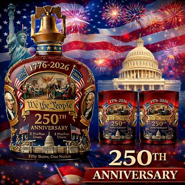 “We the People” Patriotic Independence Day Gift Set: 250th Anniversary of the United States of America Bottle and Glass Set