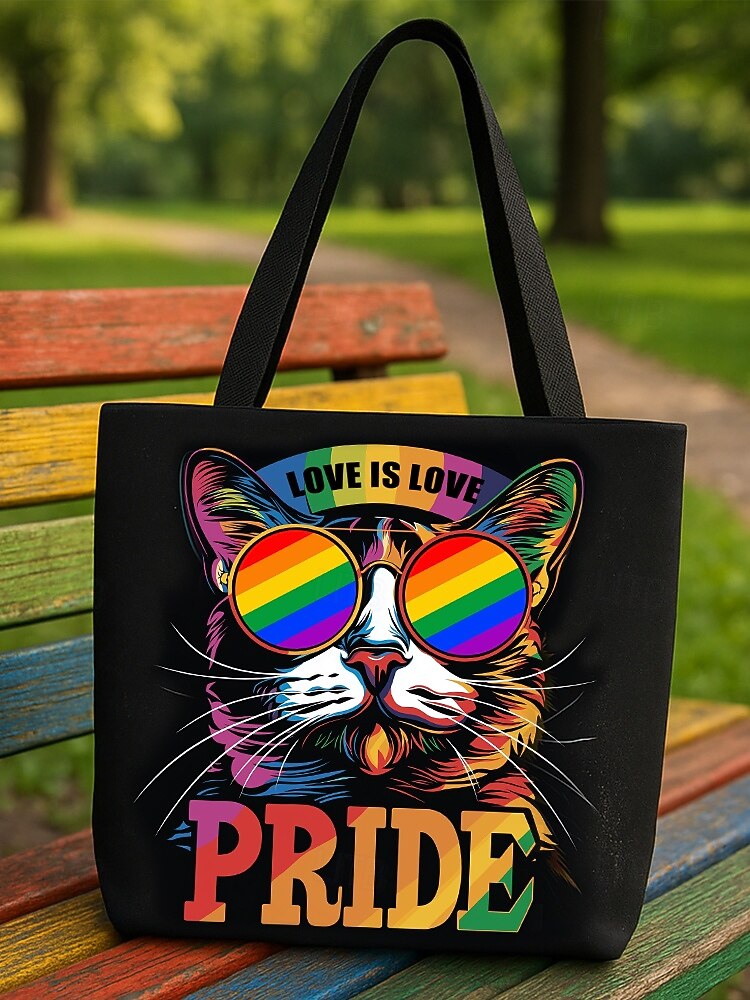 Love Is Love Pride Rainbow Cat Print Canvas Tote Bag