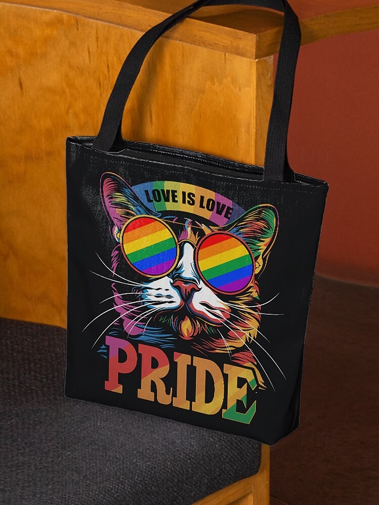 Love Is Love Pride Rainbow Cat Print Canvas Tote Bag