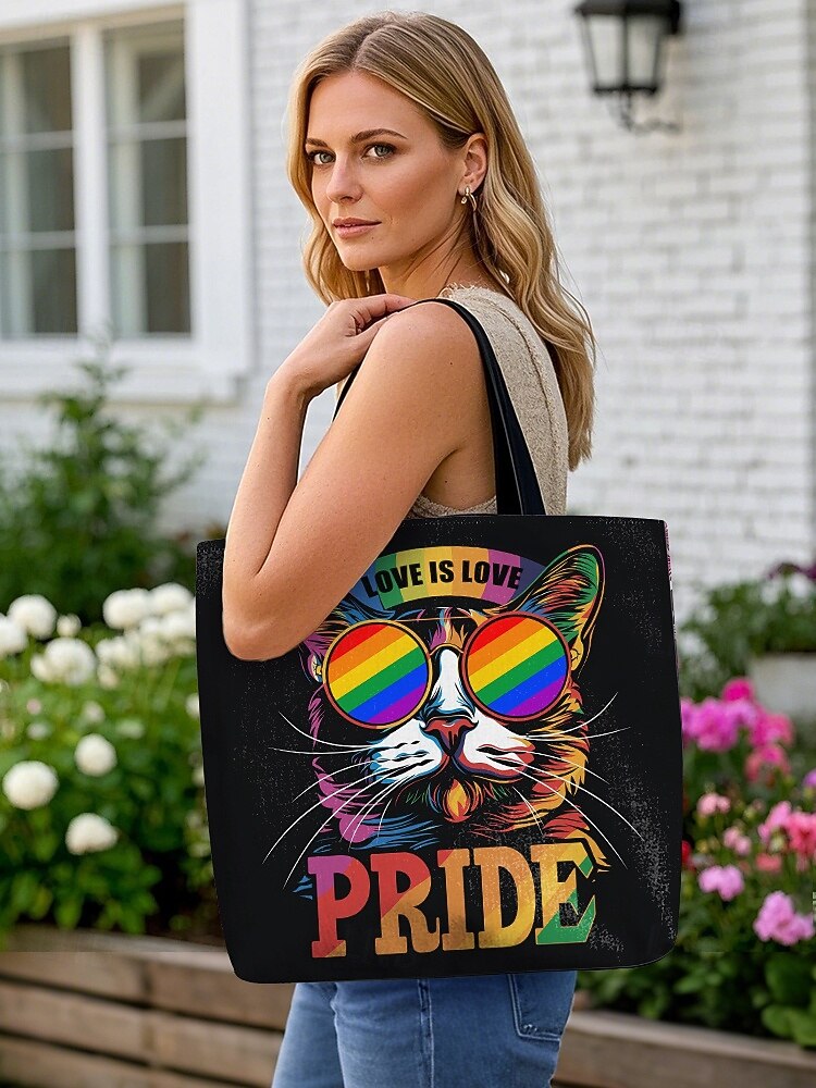 Love Is Love Pride Rainbow Cat Print Canvas Tote Bag