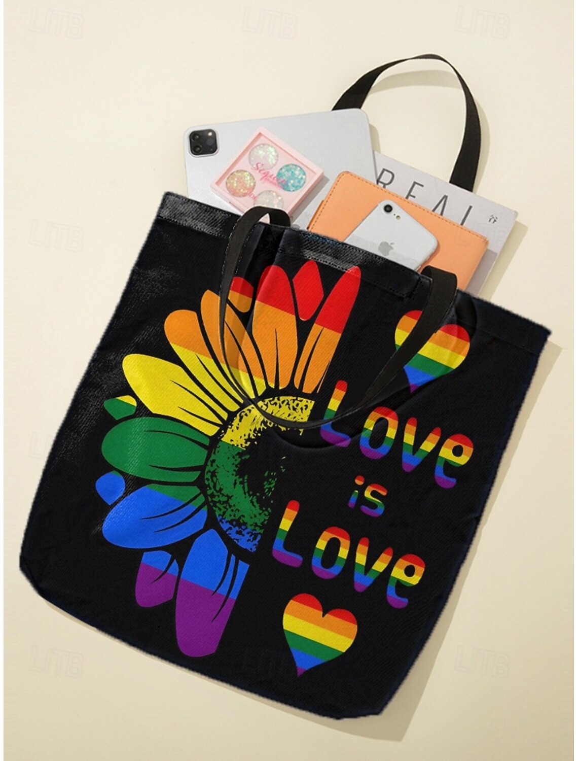Love Is Love Pride Rainbow Cat Print Canvas Tote Bag