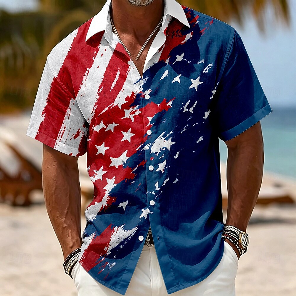 Vintage American Flag Paint Stroke Shirt – Patriotic Red White Blue Star Stripe Print, Mens Lightweight Vacation Casual Top