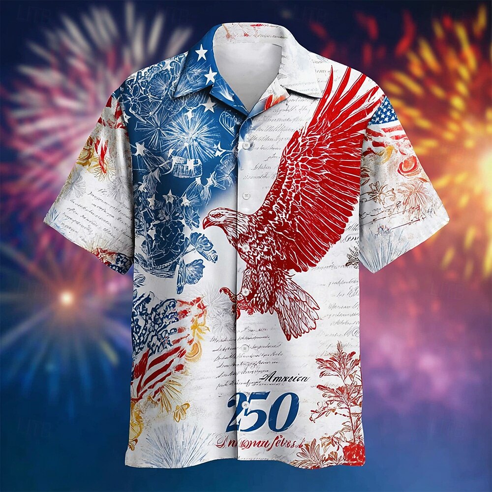 USA 250th Anniversary Button-Down Hawaiian Shirt – Vintage Eagle & Firework American Flag Print, Patriotic Short Sleeve Casual Top