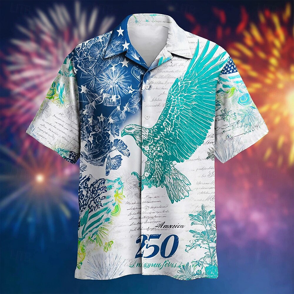 USA 250th Anniversary Button-Down Hawaiian Shirt – Vintage Eagle & Firework American Flag Print, Patriotic Short Sleeve Casual Top