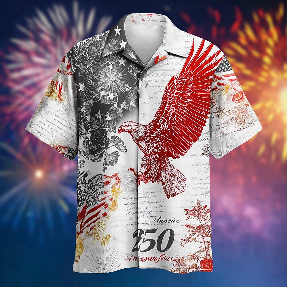 USA 250th Anniversary Button-Down Hawaiian Shirt – Vintage Eagle & Firework American Flag Print, Patriotic Short Sleeve Casual Top