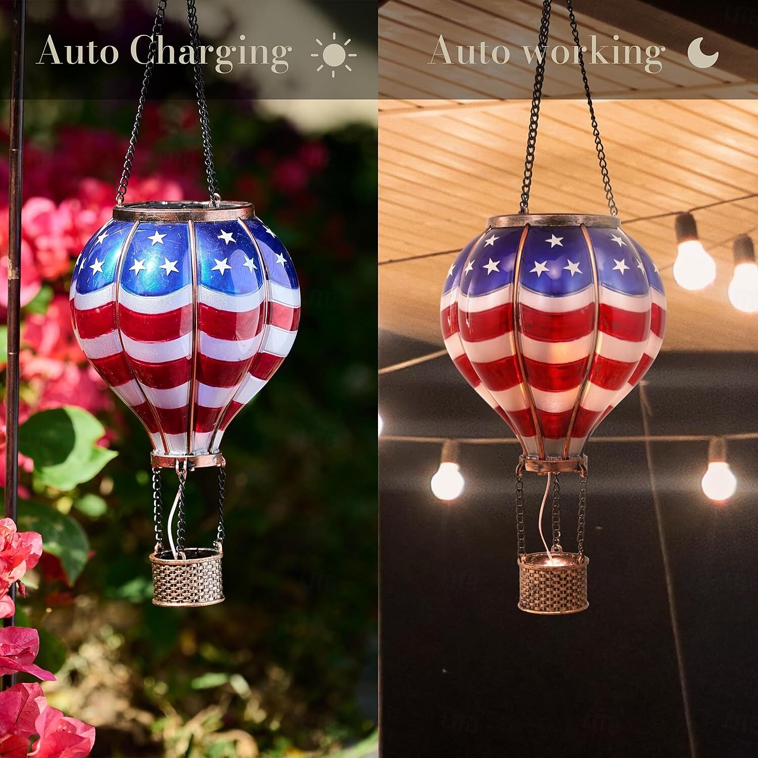 Patriotic-themed hot air balloon solar-powered Fourth of July lanterns, perfect for festive decorations in gardens, yards, and patios