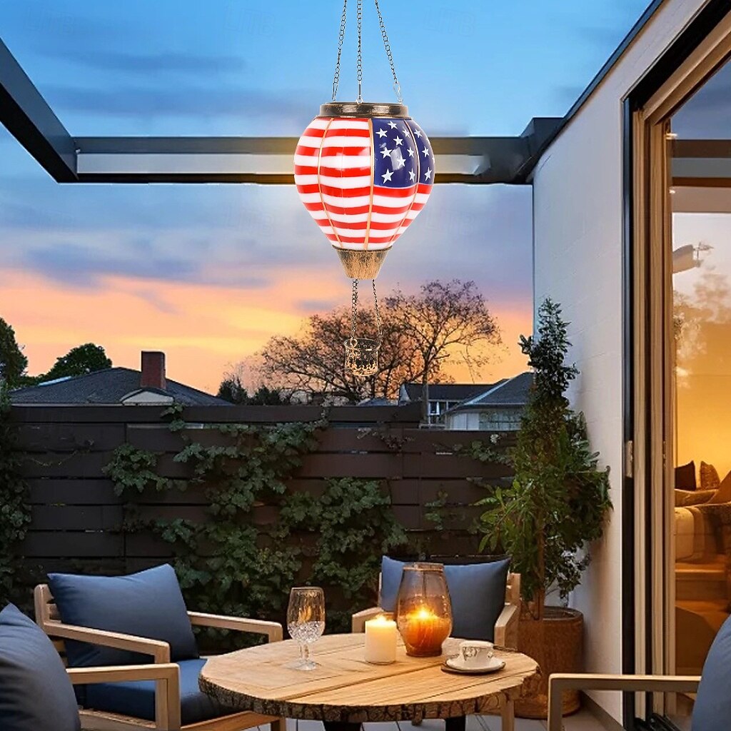 Patriotic-themed hot air balloon solar-powered Fourth of July lanterns, perfect for festive decorations in gardens, yards, and patios