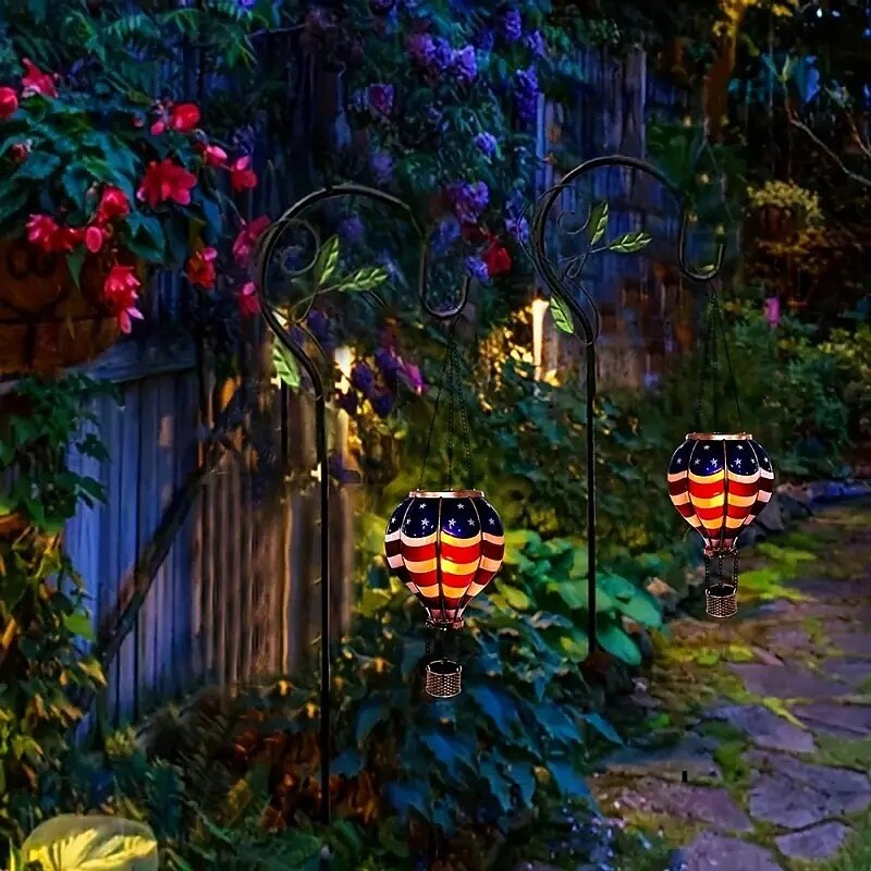 Patriotic-themed hot air balloon solar-powered Fourth of July lanterns, perfect for festive decorations in gardens, yards, and patios