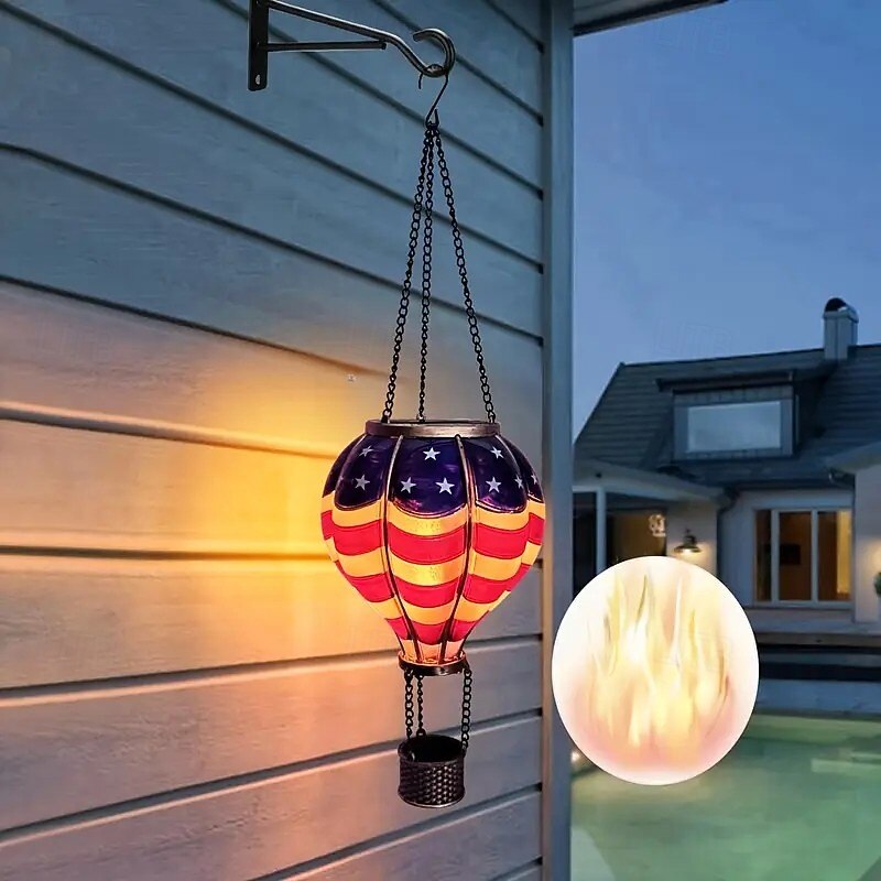 Patriotic-themed hot air balloon solar-powered Fourth of July lanterns, perfect for festive decorations in gardens, yards, and patios