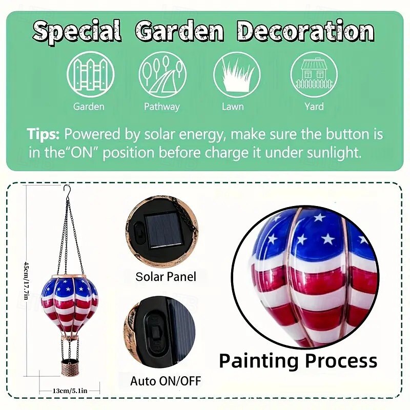 Patriotic-themed hot air balloon solar-powered Fourth of July lanterns, perfect for festive decorations in gardens, yards, and patios