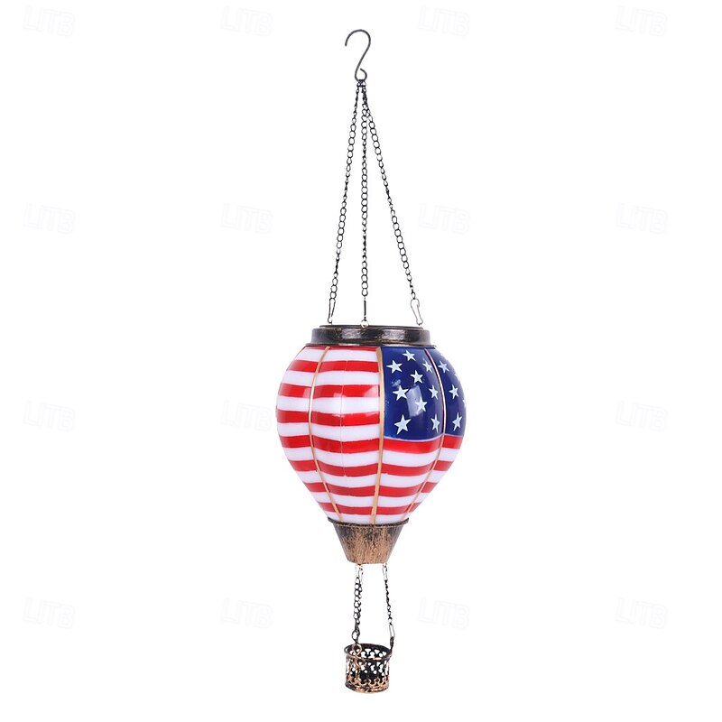 Patriotic-themed hot air balloon solar-powered Fourth of July lanterns, perfect for festive decorations in gardens, yards, and patios