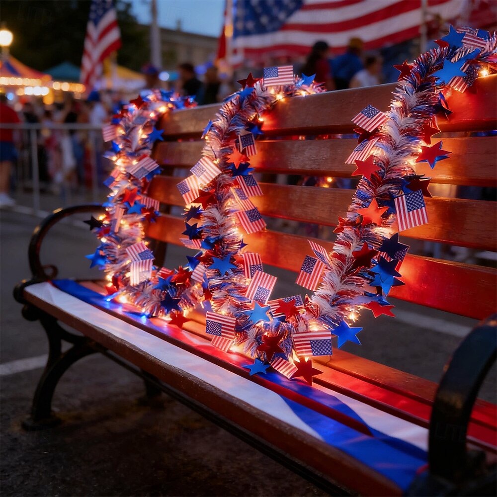250th Anniversary of U.S. Independence Day LED String Lights with Patriotic Stars and Flags.