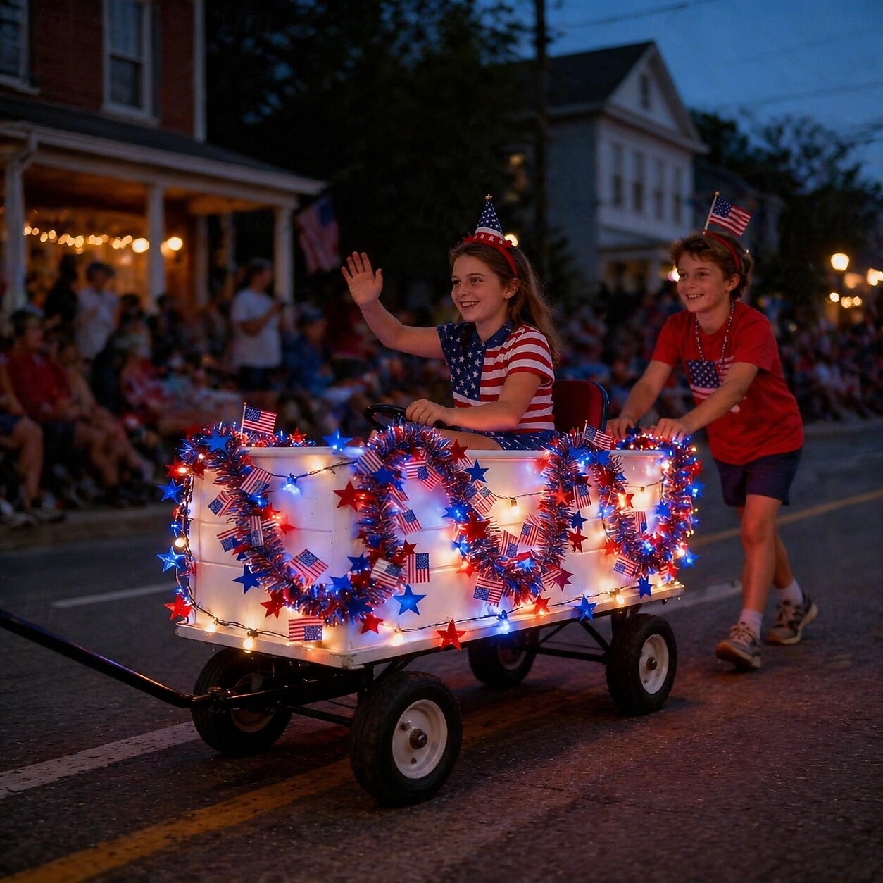 250th Anniversary of U.S. Independence Day LED String Lights with Patriotic Stars and Flags.