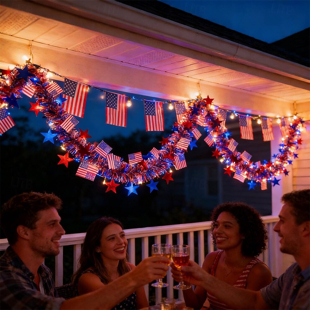 250th Anniversary of U.S. Independence Day LED String Lights with Patriotic Stars and Flags.