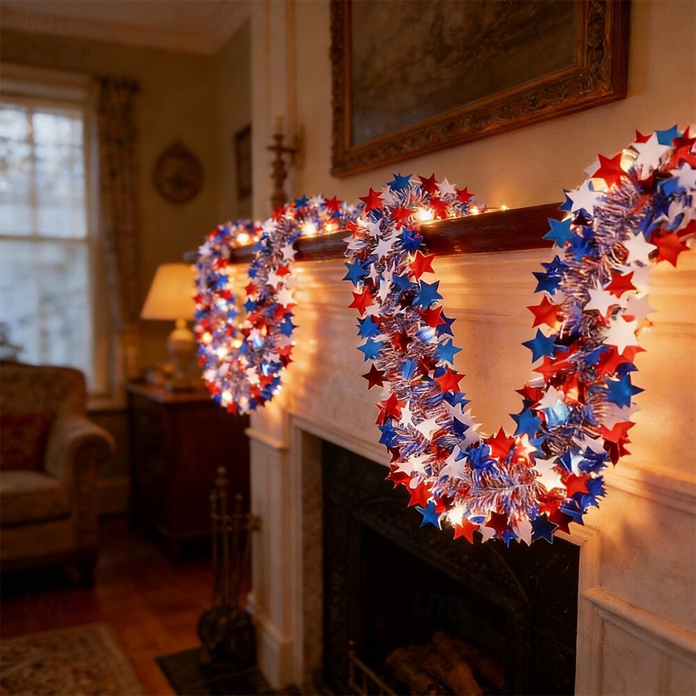 250th Anniversary of U.S. Independence Day LED String Lights with Patriotic Stars and Flags.