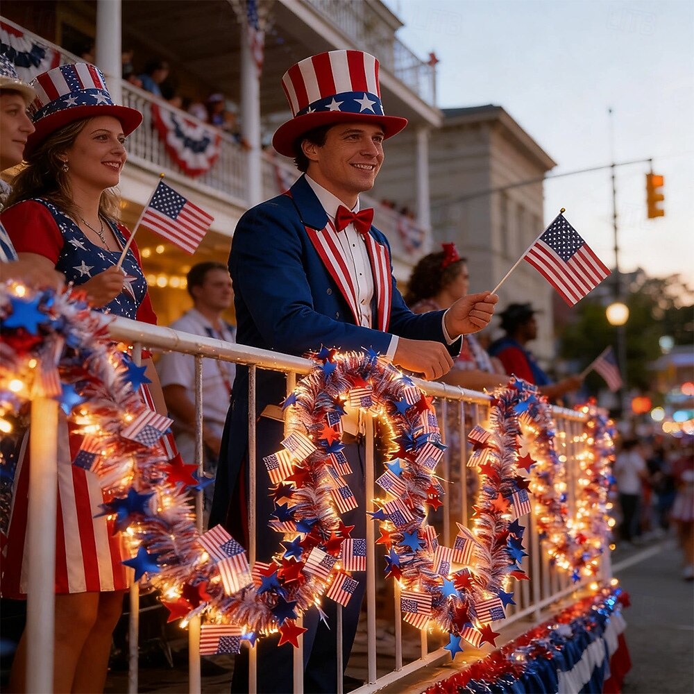 250th Anniversary of U.S. Independence Day LED String Lights with Patriotic Stars and Flags.