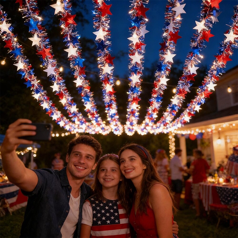 250th Anniversary of U.S. Independence Day LED String Lights with Patriotic Stars and Flags.