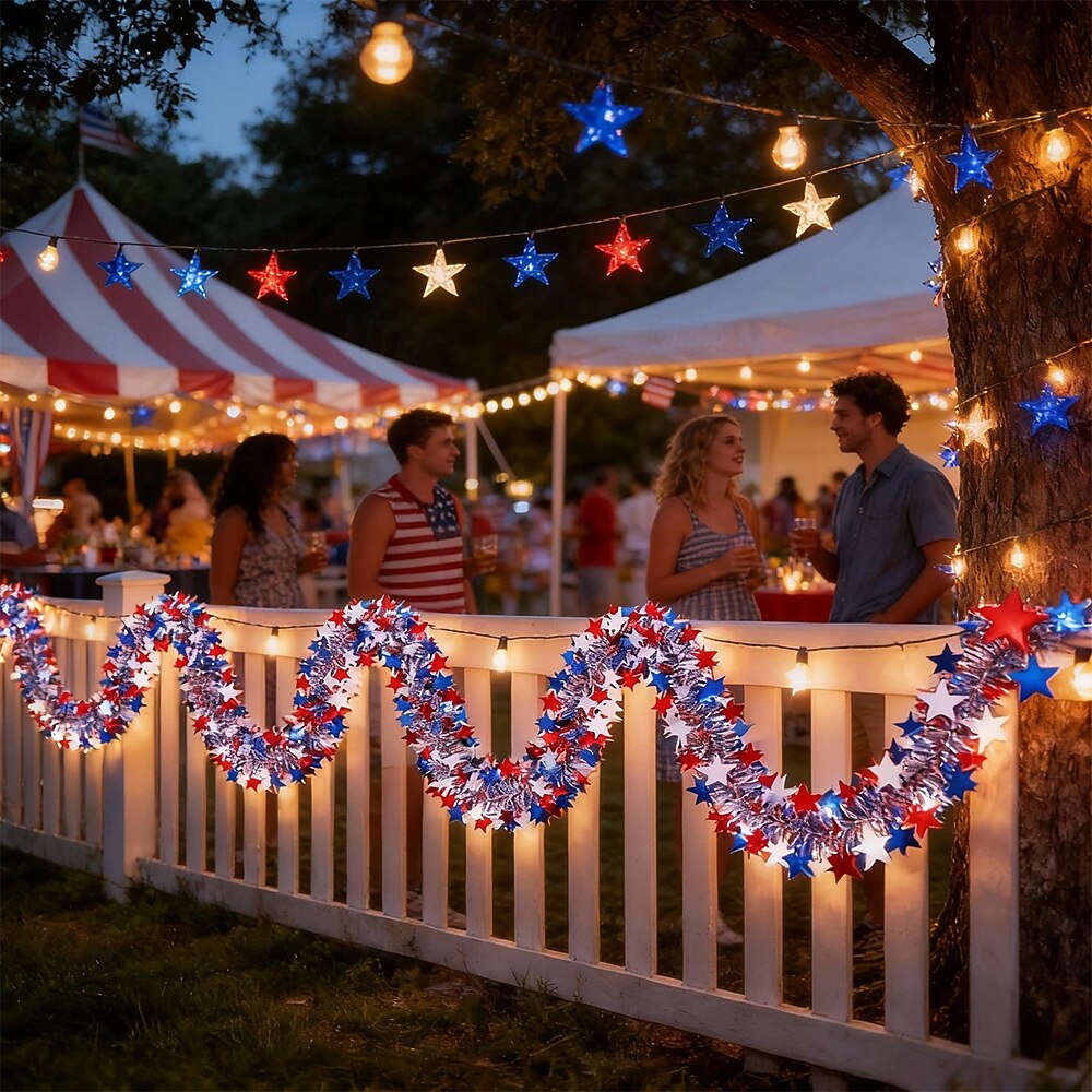 250th Anniversary of U.S. Independence Day LED String Lights with Patriotic Stars and Flags.