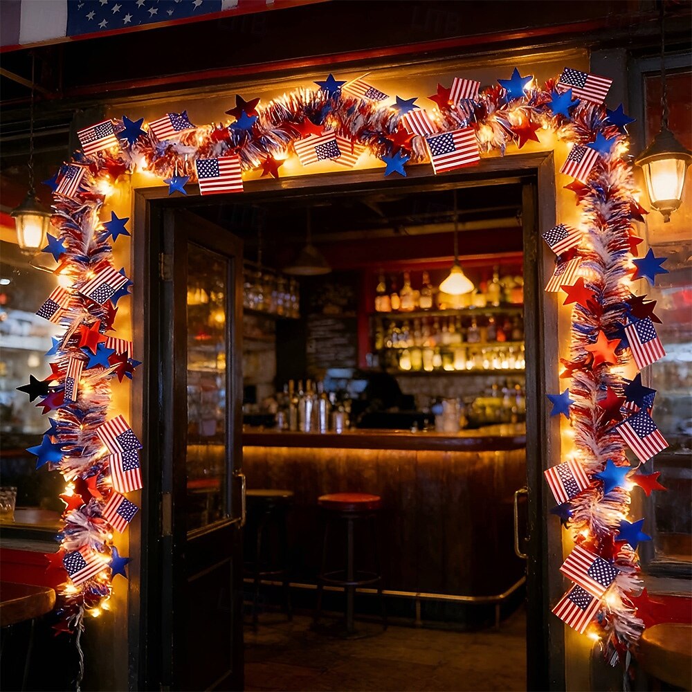 250th Anniversary of U.S. Independence Day LED String Lights with Patriotic Stars and Flags.