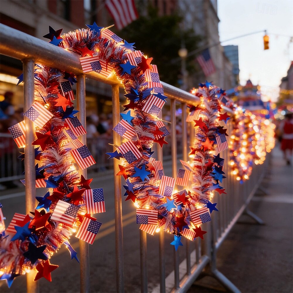 250th Anniversary of U.S. Independence Day LED String Lights with Patriotic Stars and Flags.