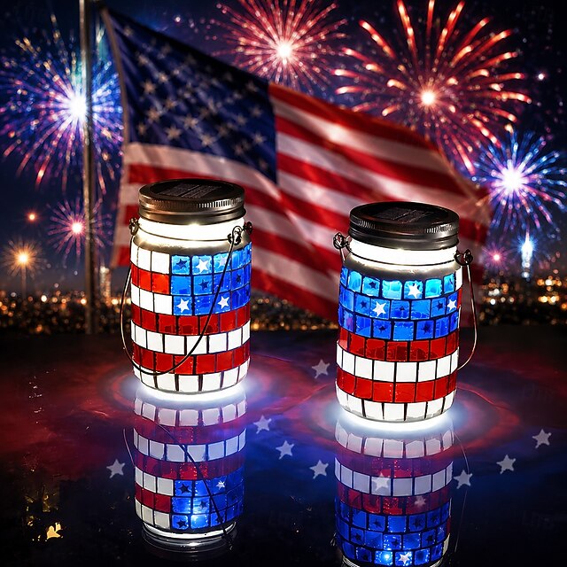 2 Commemorative Solar-Powered Waterproof American Flag Mosaic Glass Jar Lamps for the 250th Anniversary of the United States