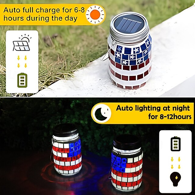 2 Commemorative Solar-Powered Waterproof American Flag Mosaic Glass Jar Lamps for the 250th Anniversary of the United States