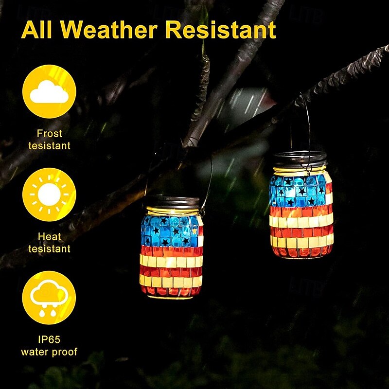 2 Commemorative Solar-Powered Waterproof American Flag Mosaic Glass Jar Lamps for the 250th Anniversary of the United States