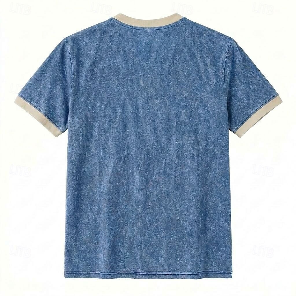 Men's Casual Washed Henley T-Shirt, Short Sleeve Contrast Trim Pocket Tee
