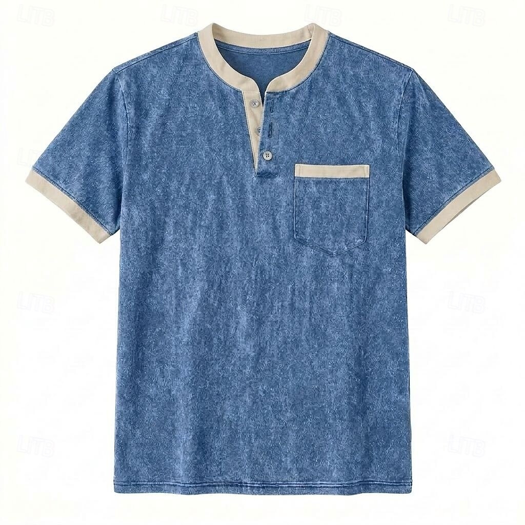 Men's Casual Washed Henley T-Shirt, Short Sleeve Contrast Trim Pocket Tee