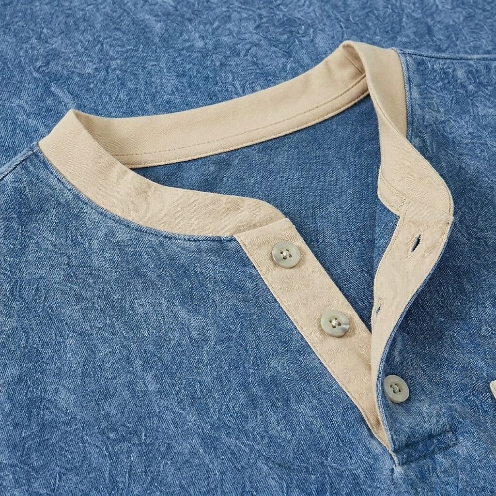 Men's Casual Washed Henley T-Shirt, Short Sleeve Contrast Trim Pocket Tee