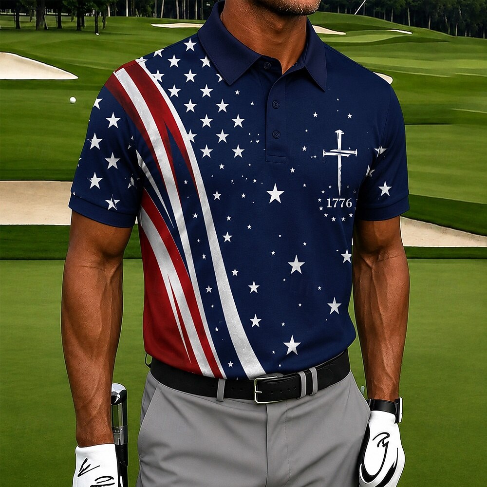 Patriotic Men's Polo Shirt—1776–2026 Distressed American Flag Print, Breathable and Quick-Dry Golf Short-Sleeve Shirt