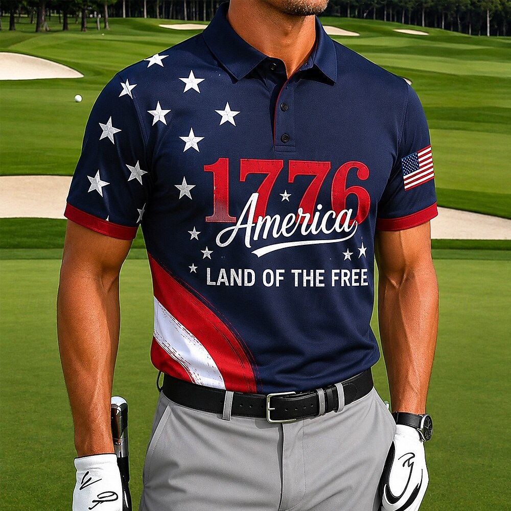 Patriotic Men's Polo Shirt—1776–2026 Distressed American Flag Print, Breathable and Quick-Dry Golf Short-Sleeve Shirt