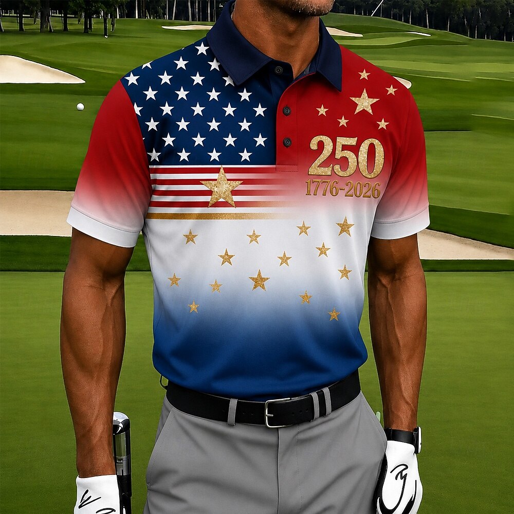 Patriotic Men's Polo Shirt—1776–2026 Distressed American Flag Print, Breathable and Quick-Dry Golf Short-Sleeve Shirt