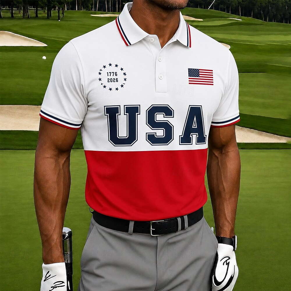 Patriotic Men's Polo Shirt—1776–2026 Distressed American Flag Print, Breathable and Quick-Dry Golf Short-Sleeve Shirt