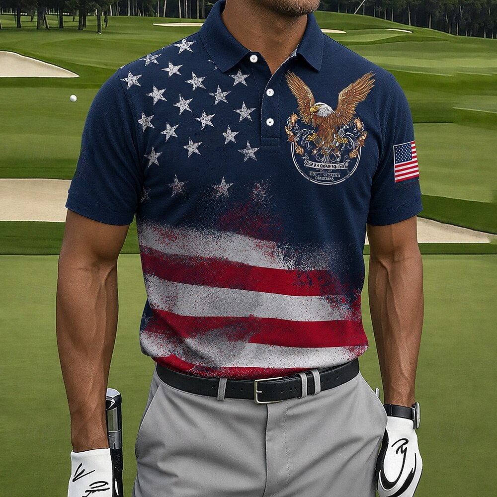 USA 250th Anniversary Golf Polo Shirt – Vintage Eagle & American Flag Print, Patriotic Quick Dry Short Sleeve Top